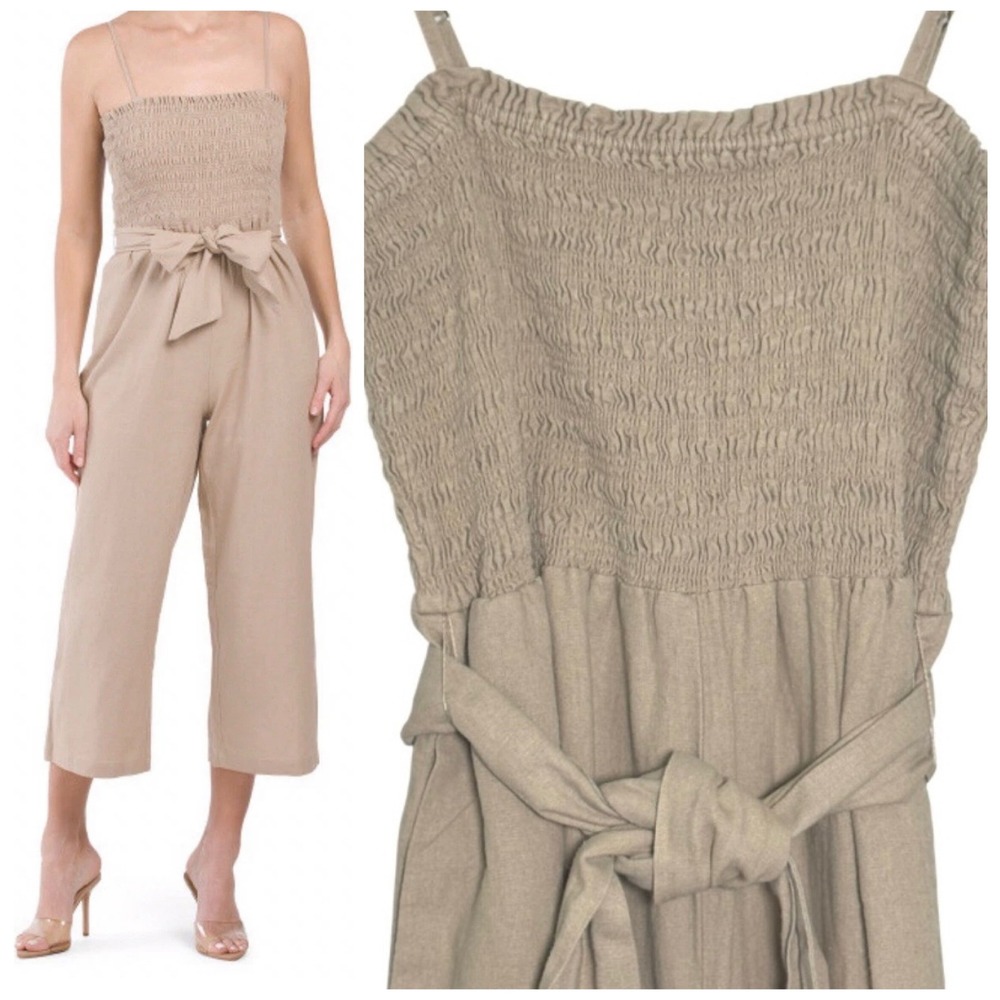 House Of Harlow 1960 Smocked Jumpsuit Women Size M Tan Linen Blend Tie Waist